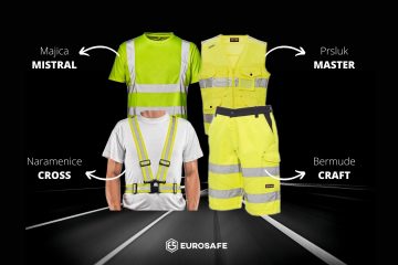 Ljetna radna odjeća visoke vidljivosti koja sadrži t-shirt, prsluk, bermude i reflektirajuće naramenice