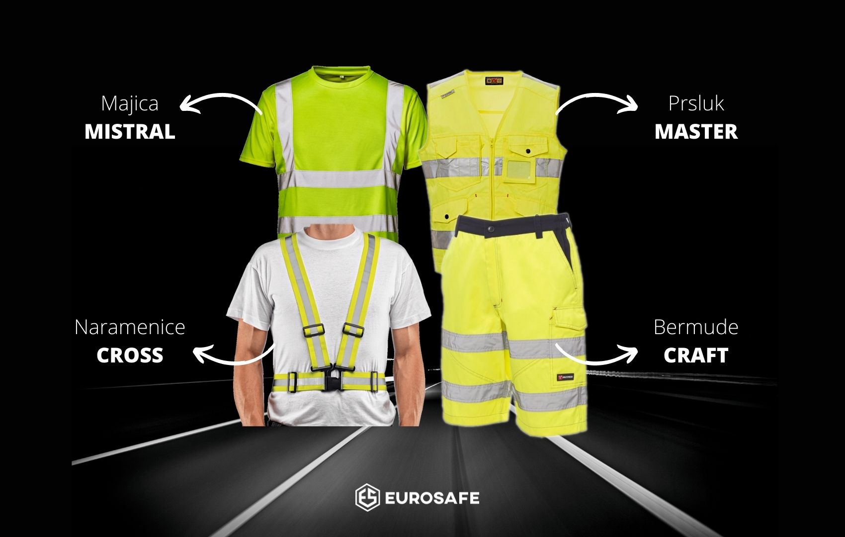 Ljetna radna odjeća visoke vidljivosti koja sadrži t-shirt, prsluk, bermude i reflektirajuće naramenice